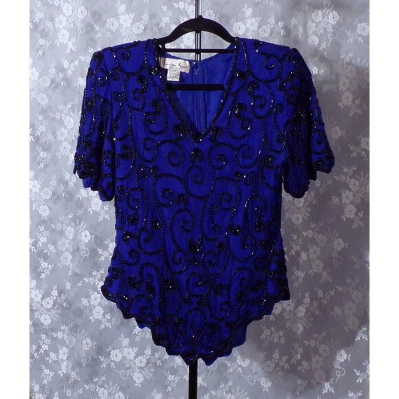 Vintage 80s Silk Blouse 1980s Royal Blue & Black Beaded Art Deco Goth Size Small - Picture 1 of 5